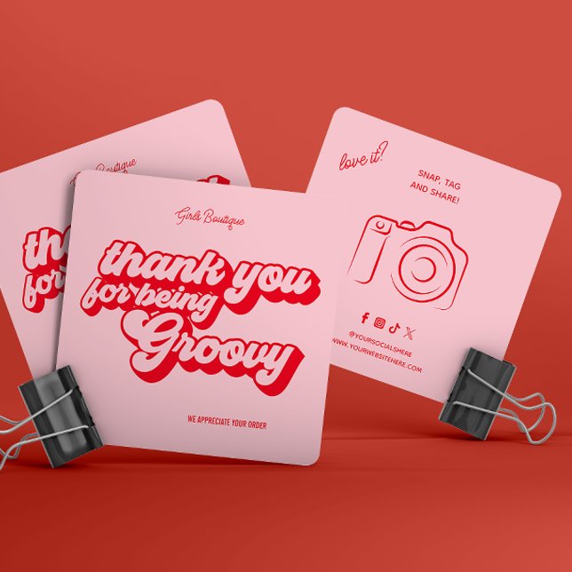 Retro Groovy Pink & Red Thank You Social Media  Square Business Card (Creator Uploaded)