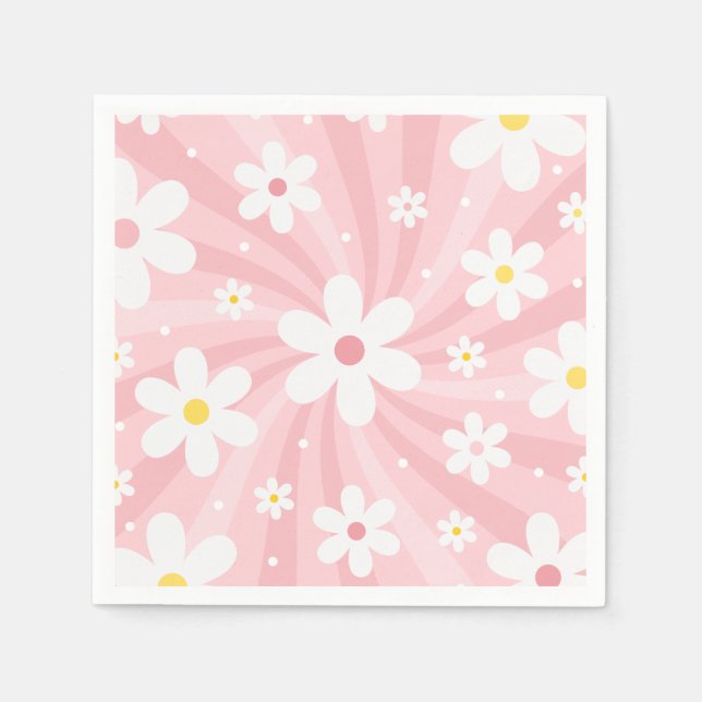 Retro Groovy Pink Sunshine Daisy Floral Hippie Napkin (Front)