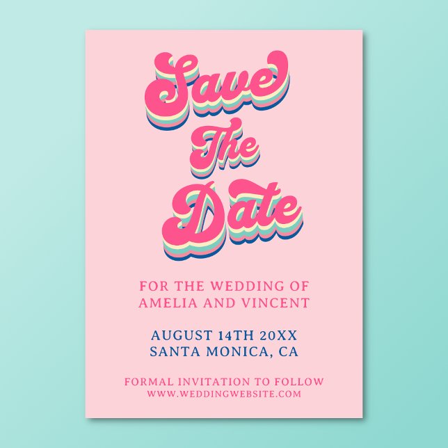Retro Groovy Pink Typography Wedding Save The Date (Retro groovy save the date card on a turquoise background.)