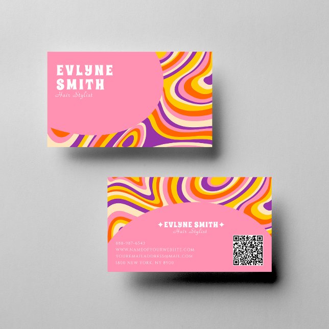 Retro Groovy Pink White QR Code 70s Psychedelic Business Card (Creator Uploaded)