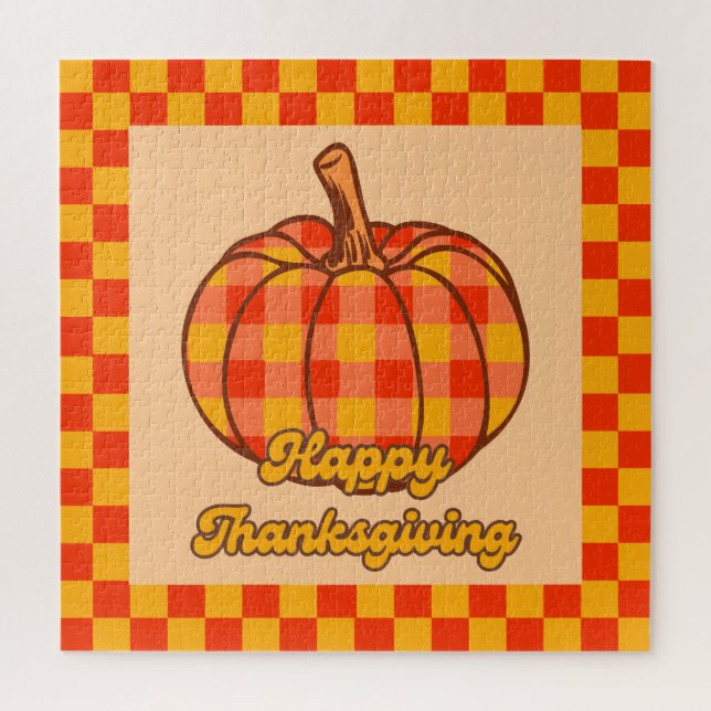 Retro Groovy Plaid Pumpkin Chequered Thanksgiving Jigsaw Puzzle (Vertical)