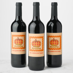 Retro Groovy Plaid Pumpkin Chequered Thanksgiving Wine Label