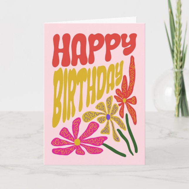 Retro Groovy Psychedelic Flower Pink Red Birthday Card (Front)