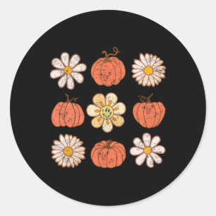 Retro Groovy Pumpkin Daisy Flower Fall Thanksgivin Classic Round Sticker