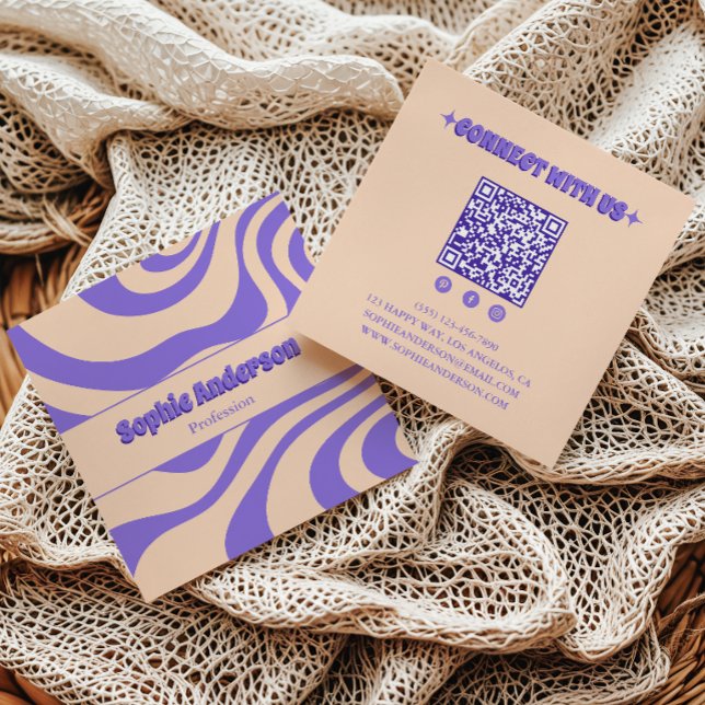 Retro Groovy Purple Abstract with QR Code Square Business Card (Creator Uploaded)
