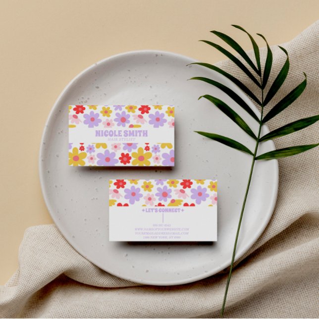 Retro Groovy Purple Colourful Floral Hair Stylist  Business Card (Creator Uploaded)