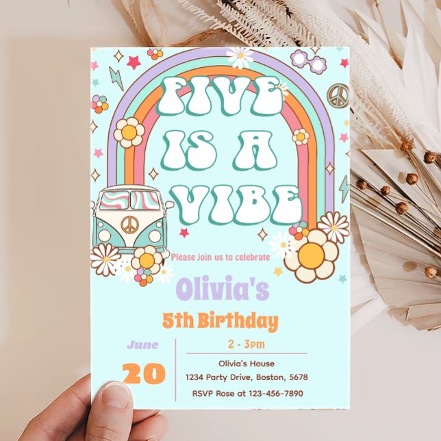 Retro Groovy Rainbow 5th Birthday Invitation (Creator Uploaded)