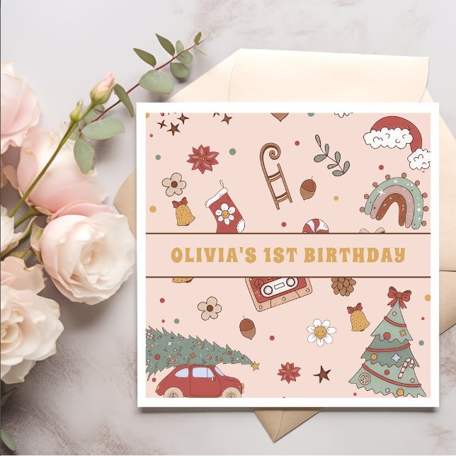 Retro Groovy Rainbow Christmas Tree Birthday Party Napkin (Creator Uploaded)