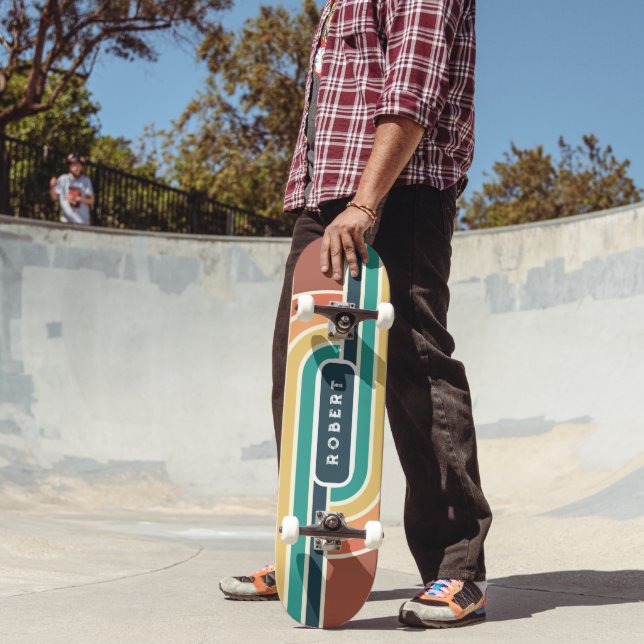 Retro Groovy Rainbow Stripes with Name Skateboard (Outdoor 2)