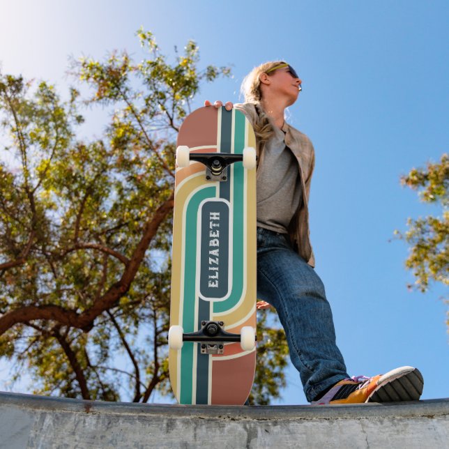 Retro Groovy Rainbow Stripes with Name Skateboard (Outdoor 1)