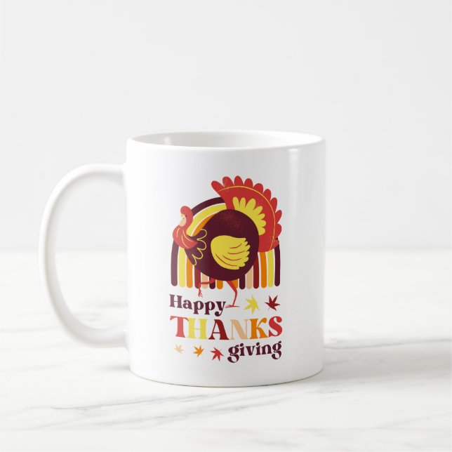 Retro Groovy Rainbow Turkey Fall Thanksgiving Coffee Mug (Left)