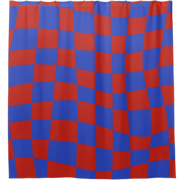 Retro Groovy red blue wavy checkered Pattern Shower Curtain (Front)