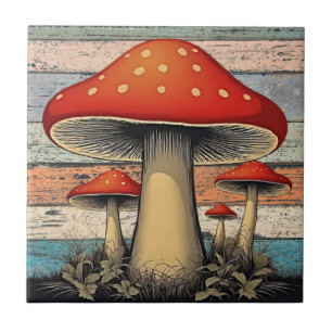 Retro Groovy Red Mushrooms on Rustic Wood Ceramic Tile