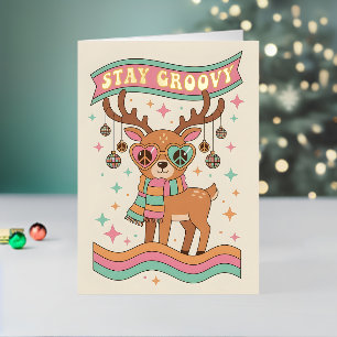 Retro Groovy Reindeer Merry Christmas Foil Holiday Card