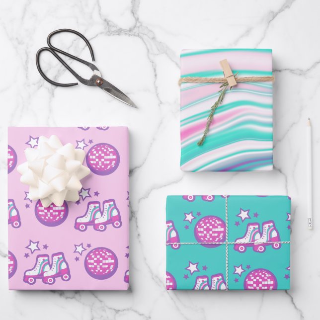 Retro groovy roller disco wrapping paper sheet (Front)
