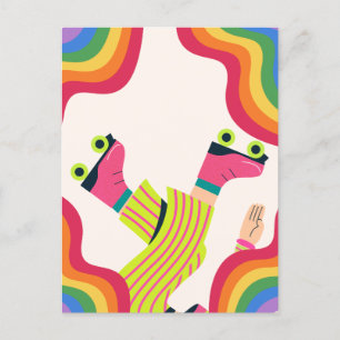 Retro groovy roller skate collorful fun postcard
