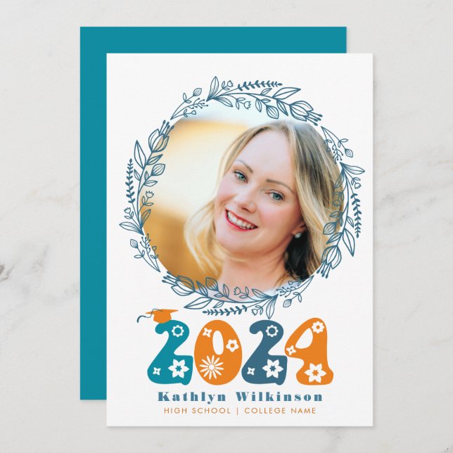 Retro Groovy Script Floral Wreath Photo Graduation Announcement (Front/Back)
