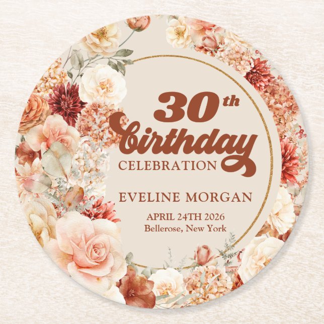 Retro groovy script terracotta flowers 30 birthday round paper coaster (Front)