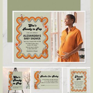 Retro Groovy Shes Ready to Pop Sage Green Invitation