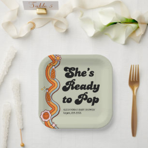 Retro Groovy Shes Ready to Pop Sage Green Paper Plate