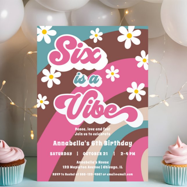 Retro Groovy SIX is a Vibe pink teal girl birthday Invitation (Creator Uploaded)