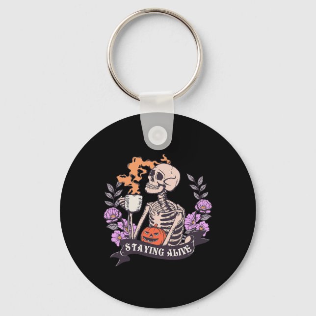 Retro Groovy Skeleton Staying Alive Coffee Hallowe Key Ring (Front)