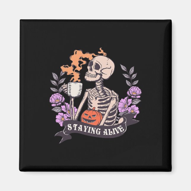 Retro Groovy Skeleton Staying Alive Coffee Hallowe Magnet (Front)