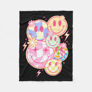 Retro Groovy Smile Face Flower Happy Face Checkere Fleece Blanket