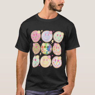 Retro Groovy Smile Face Flower Happy Face Checkere T-Shirt