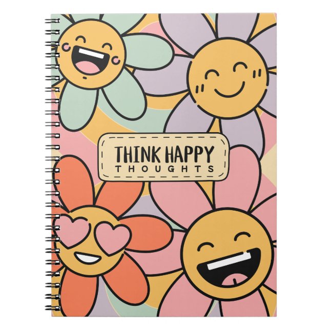 Retro Groovy Smiley Flower Think Happy Thoughts Cu Notebook (Front)