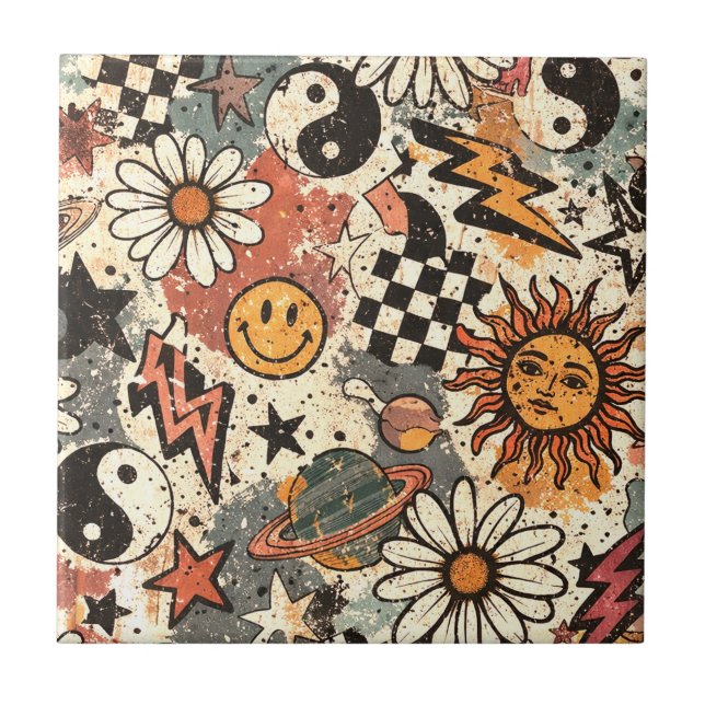 Retro Groovy Smiley Sun Daisy Psychedelic Pattern Ceramic Tile (Front)