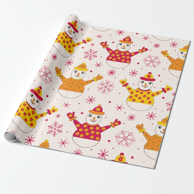Retro Groovy Snowmen Pattern Christmas  Wrapping Paper (Unrolled)