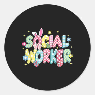 Retro Groovy Social Worker Bunny Ear Funny Easter Classic Round Sticker