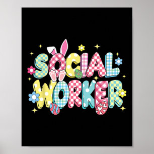 Retro Groovy Social Worker Bunny Ear Funny Easter Poster