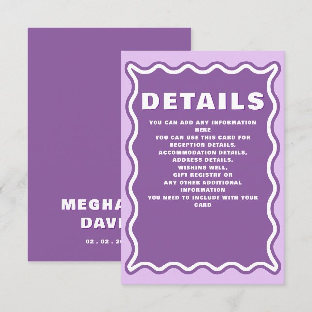 Retro Groovy Squiggle Wavy Curve Purple Wedding   Enclosure Card (Front/Back)