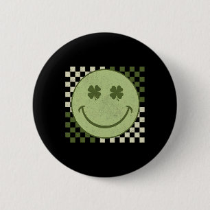 Retro Groovy St Patricks Day Smile Face Shamrock 6 Cm Round Badge