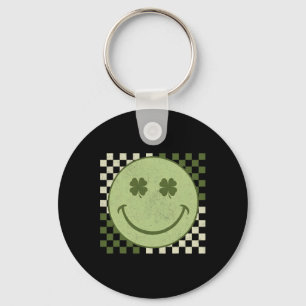 Retro Groovy St Patricks Day Smile Face Shamrock Key Ring