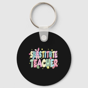 Retro Groovy Substitute Teacher Bunny Ear Easter  Key Ring
