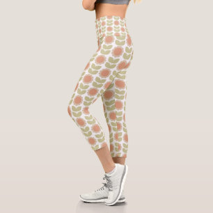 Retro Groovy Summer Flowers Stems Capri Leggings