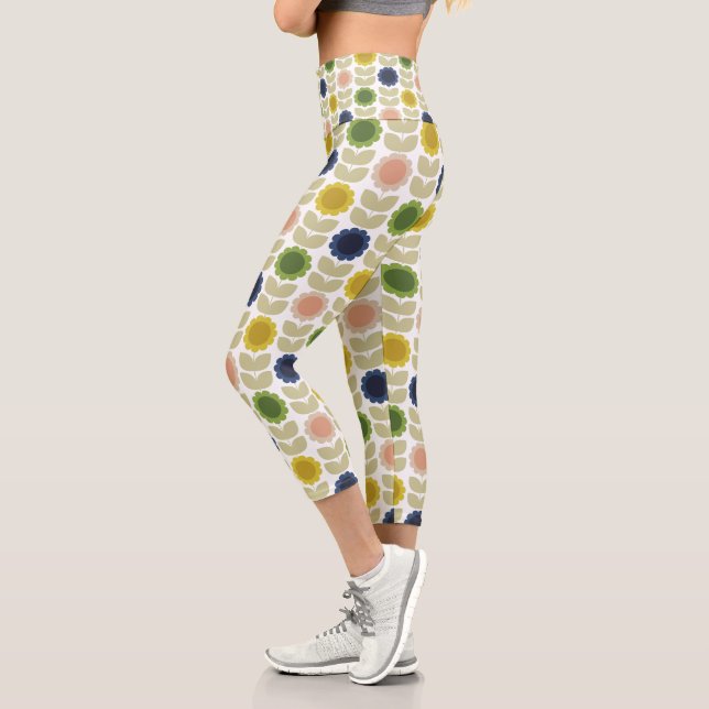 Retro Groovy Summer Flowers Stems Capri Leggings (Left)