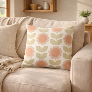 Retro Groovy Summer Flowers Stems Cushion