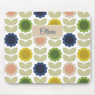 Retro Groovy Summer Flowers Stems Mouse Pad