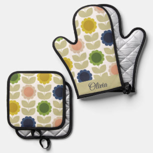 Retro Groovy Summer Flowers Stems Oven Mitt & Pot Holder Set