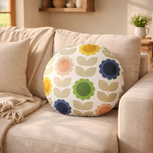 Retro Groovy Summer Flowers Stems Round Cushion