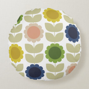 Retro Groovy Summer Flowers Stems Round Cushion