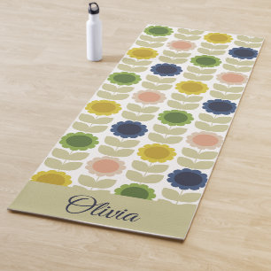 Retro Groovy Summer Flowers Stems Yoga Mat