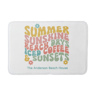Retro Groovy Summer Pink Monogram Name Bath Mat