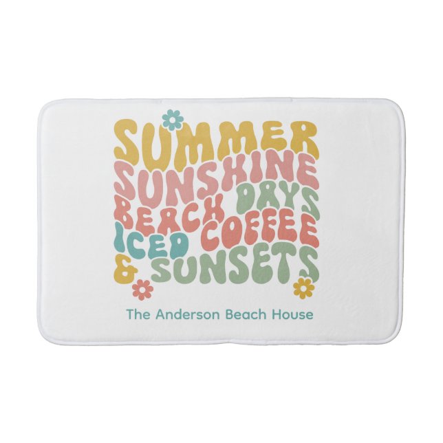 Retro Groovy Summer Pink Monogram Name  Bath Mat (Front)