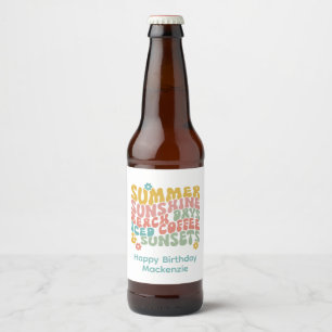 Retro Groovy Summer Pink Monogram Name Beer Bottle Label