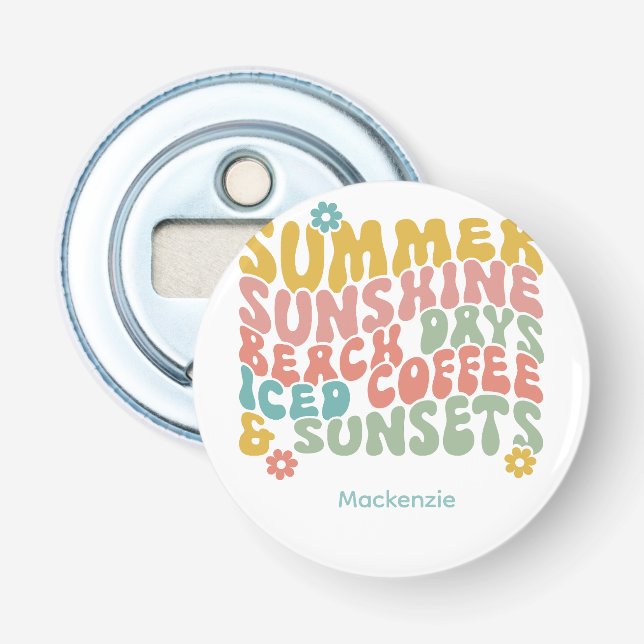 Retro Groovy Summer Pink Monogram Name  Bottle Opener (Front)